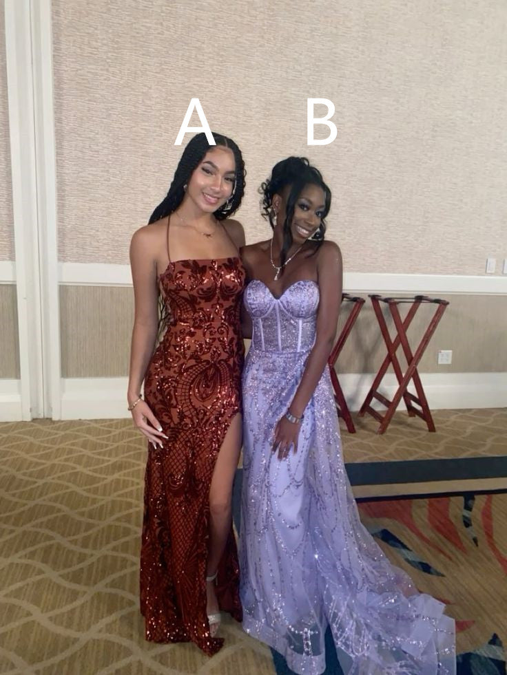 Sequin Lace-Up Back Long Prom Dress with Built-In Bra