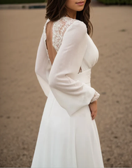 Ivory Lace Long-Sleeve Chiffon Wedding Gown with Button Back Train