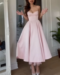 Satin Sleeveless Midi Evening Dress with Built-In Bra Pink