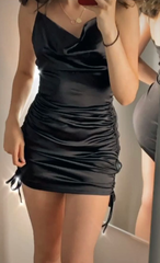 Satin Spaghetti Strap Short Homecoming Dress Lace-Up Back Built-in Bra