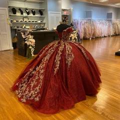 Dark Red Sequin Quinceanera Ball Gown Lace-Up Tulle Prom Dress
