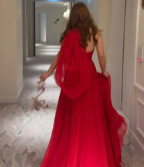 Red Chiffon Evening Gown with Side Slit and Built-In Bra