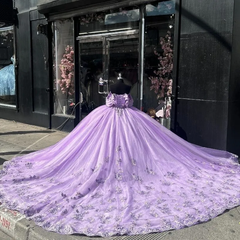 Lilac Off-Shoulder Ball Gown with 3D Floral Tulle Skirt