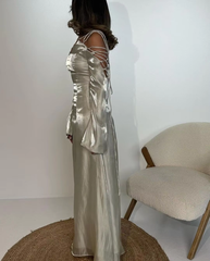 Silver Grey Satin V-Neck Lace-Up Prom Dress with Flare Sleeves