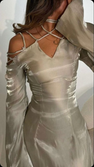 Silver Grey Satin V-Neck Lace-Up Prom Dress with Flare Sleeves