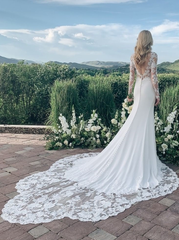 Chapel-Length Petal Train Low Back Satin Wedding Dress Long Sleeves