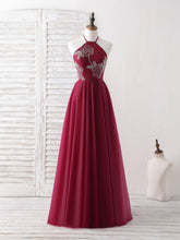 Elegant Burgundy Tulle Beaded Long Prom Dress, Stunning Evening Gown