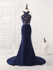 Elegant Dark Blue Lace Mermaid Long Prom Dress Bridesmaid Gown