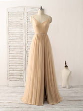 Elegant V-Neck Tulle Chiffon Long Prom Dress Champagne Bridesmaid Gown