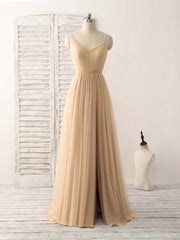 Elegant V-Neck Tulle Chiffon Long Prom Dress Champagne Bridesmaid Gown