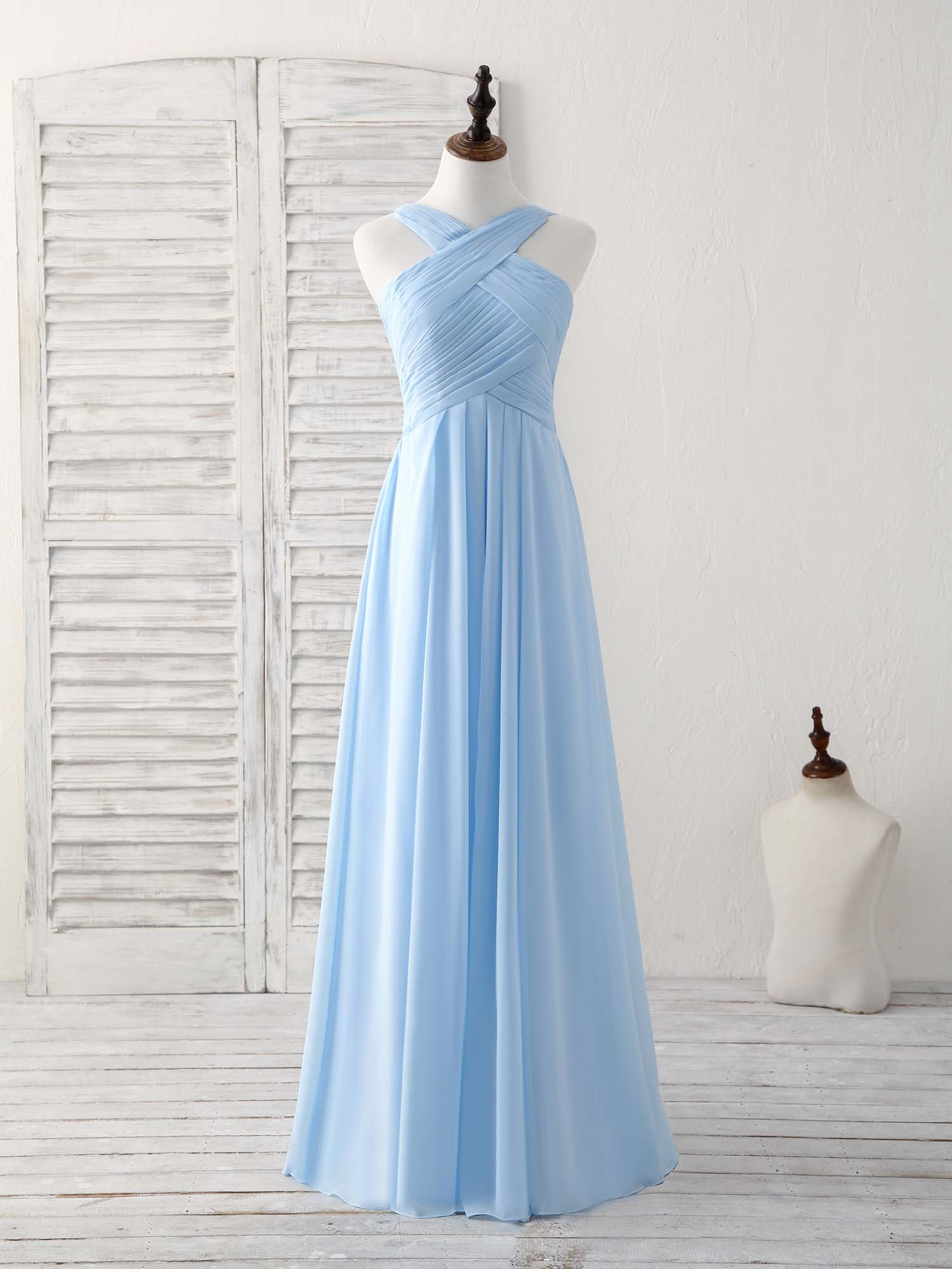 Elegant V-Neck Chiffon Bridesmaid Dress: Simple Blue Long Prom Gown