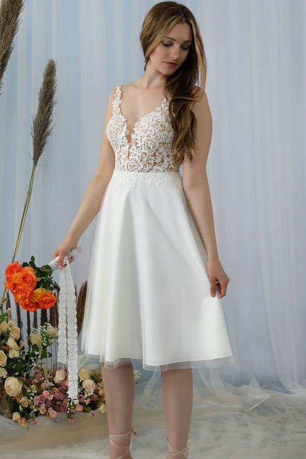 Knee Length A-Line V-Neck Lace Wedding Dress Elegant Bridal Gown