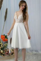 Knee Length A-Line V-Neck Lace Wedding Dress Elegant Bridal Gown