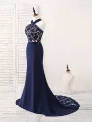Elegant Dark Blue Lace Mermaid Long Prom Dress Bridesmaid Gown