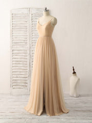 Elegant V-Neck Tulle Chiffon Long Prom Dress Champagne Bridesmaid Gown