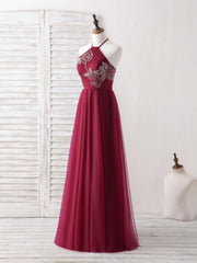 Elegant Burgundy Tulle Beaded Long Prom Dress, Stunning Evening Gown