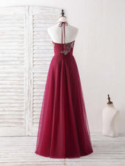 Elegant Burgundy Tulle Beaded Long Prom Dress, Stunning Evening Gown