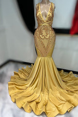 Dark Gold Sleeveless Appliqué Mermaid Prom Dress Elegant Evening Gown