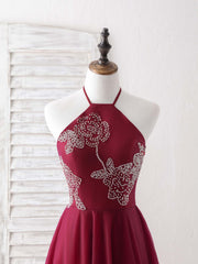 Elegant Burgundy Tulle Beaded Long Prom Dress, Stunning Evening Gown