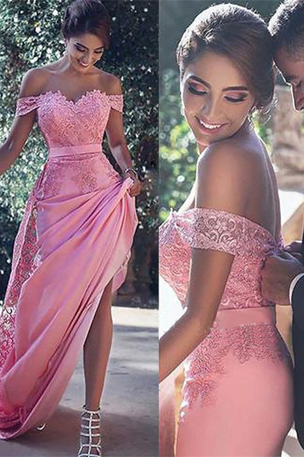 Stunning Off-the-Shoulder Candy Pink Prom Dress, Elegant Lace Applique, Flowy A-Line Skirt