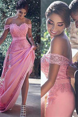 Stunning Off-the-Shoulder Candy Pink Prom Dress, Elegant Lace Applique, Flowy A-Line Skirt