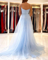 Elegant Sky Blue Lace Mermaid Prom Dress with Sweep Train for Special Occasions