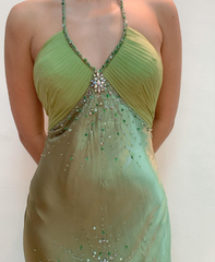 Green Vintage Beaded Long Formal Gown Evening Dress