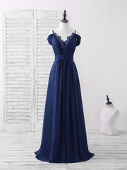 Elegant Blue Lace Chiffon Long Prom Dress: Perfect Bridesmaid Gown for Special Occasions