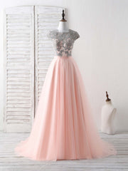 Elegant Tulle Lace Applique Long Prom Dress: Enchanting Evening Gown with Delicate Details