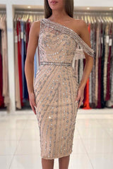 Luxurious One-Shoulder Knee-Length Crystal Prom Dress Party Cocktail Gown