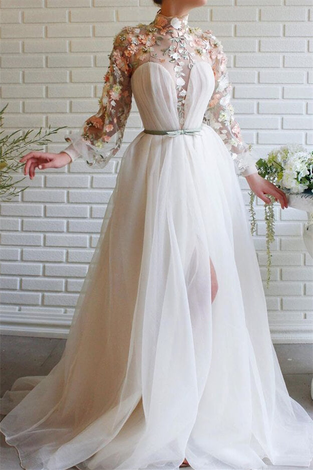 Elegant High Collar White Mermaid Evening Gown with Long Sleeves and Floral Details