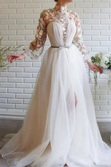 Elegant High Collar White Mermaid Evening Gown with Long Sleeves and Floral Details