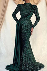 Dazzling Sequin Mermaid Prom Dress: High Collar, Long Sleeves, Chic Ruffle