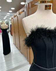 Black Strapless Feathered Sequined Mermaid Prom Dress Long Evening Gown