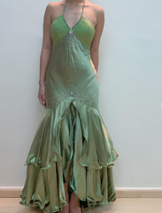 Green Vintage Beaded Long Formal Gown Evening Dress For Women
