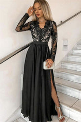 Black Long Sleeve Formal Prom Dress Gown with Thigh High Split