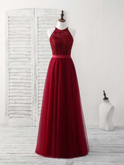 Elegant Burgundy Tulle Lace Long Prom Bridesmaid Dress Gown for Special Occasions
