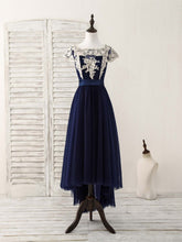 Elegant Dark Blue Tulle Lace Applique High-Low Prom Dress for Special Occasions