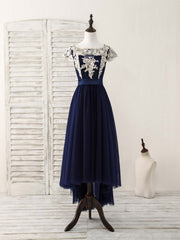 Elegant Dark Blue Tulle Lace Applique High-Low Prom Dress for Special Occasions