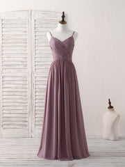 Elegant V-Neck Chiffon Bridesmaid Dress: Simple Long Prom Gown in Dark Pink