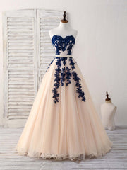 Elegant Sweetheart Tulle Lace Applique Blue Long Prom Bridesmaid Dress
