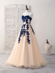 Elegant Sweetheart Tulle Lace Applique Blue Long Prom Bridesmaid Dress