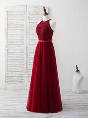 Elegant Burgundy Tulle Lace Long Prom Bridesmaid Dress Gown for Special Occasions