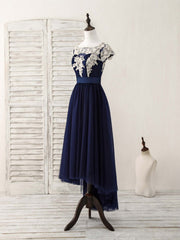 Elegant Dark Blue Tulle Lace Applique High-Low Prom Dress for Special Occasions