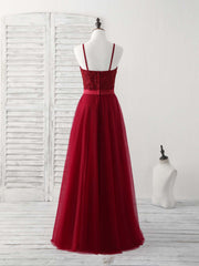 Elegant Burgundy Tulle Lace Long Prom Bridesmaid Dress Gown for Special Occasions