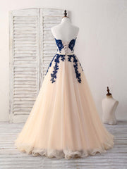 Elegant Sweetheart Tulle Lace Applique Blue Long Prom Bridesmaid Dress