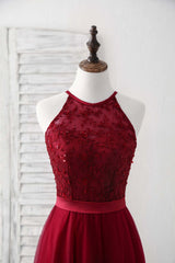 Elegant Burgundy Tulle Lace Long Prom Bridesmaid Dress Gown for Special Occasions