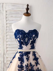 Elegant Sweetheart Tulle Lace Applique Blue Long Prom Bridesmaid Dress