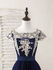 Elegant Dark Blue Tulle Lace Applique High-Low Prom Dress for Special Occasions