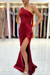 Burgundy One Shoulder Long Mermaid Prom Dress